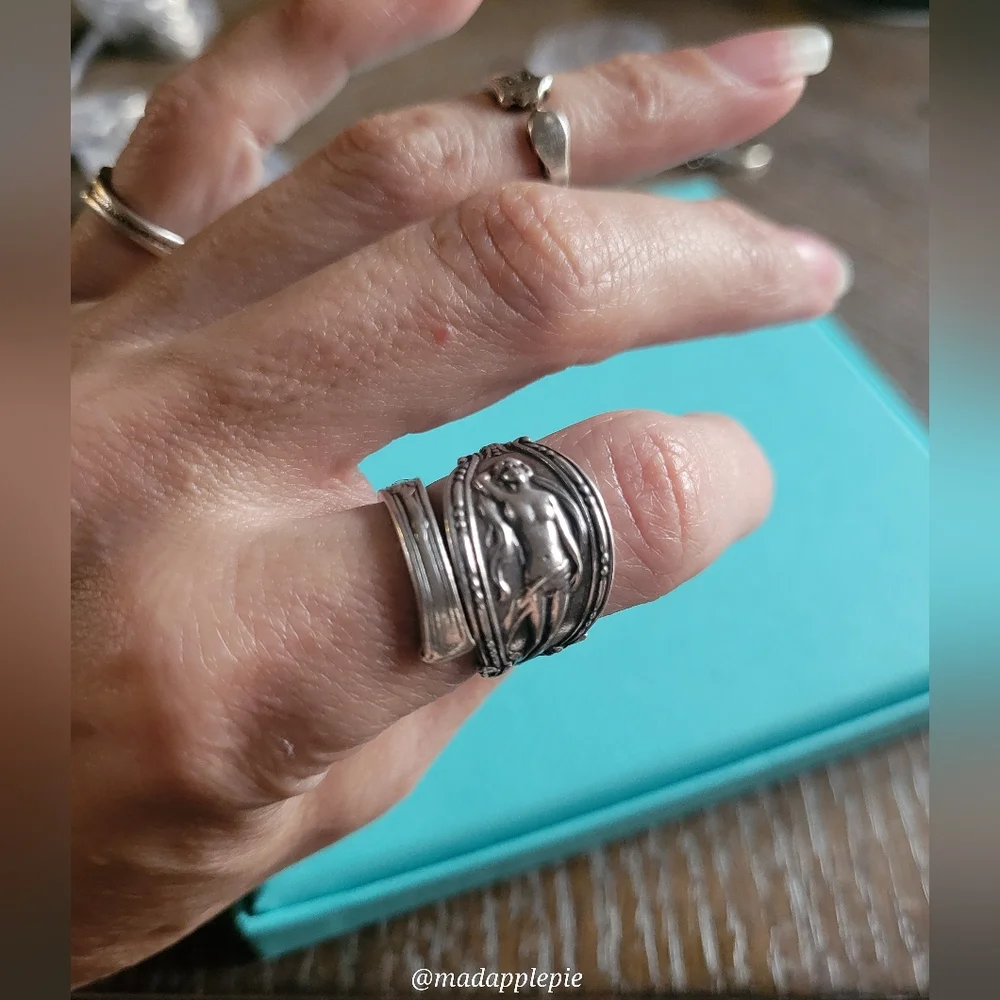 Vintage Sterling Silver Spoon Ring Goddess Woman Nude Handcrafted #134